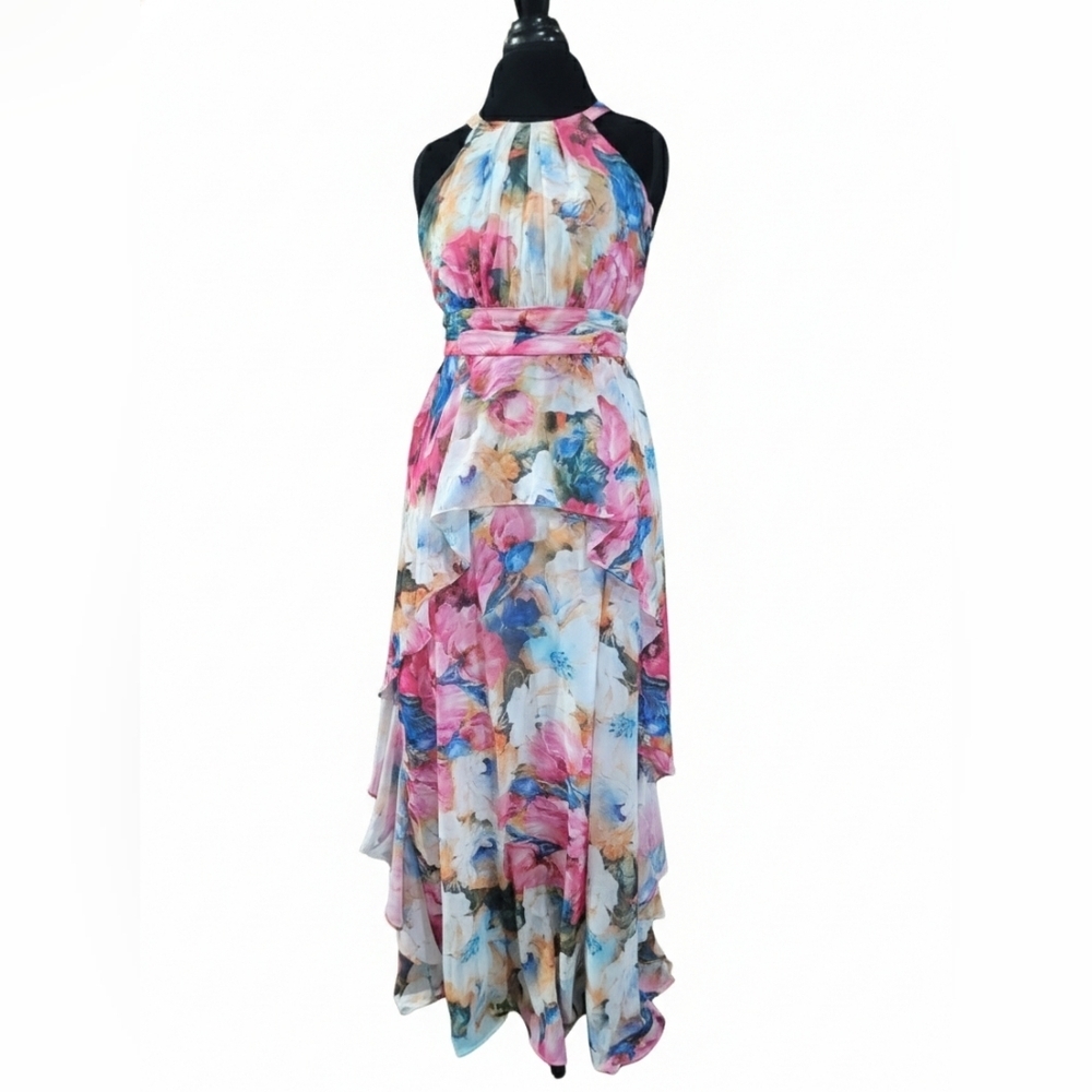 R&M Richards Floral High Low Dress - Pink and Blue